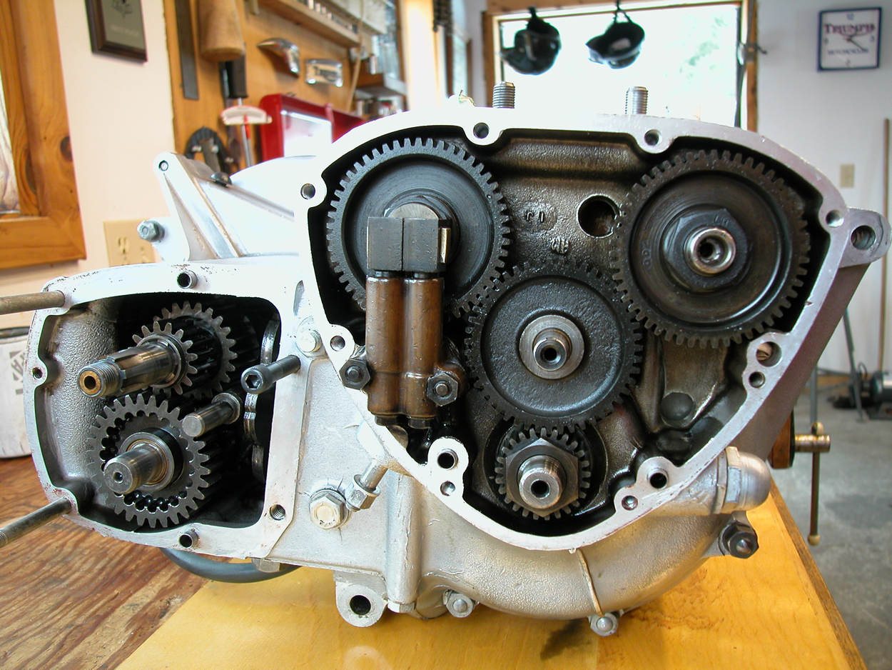 Triumph motorcycle engine showing timing chest and oil pump